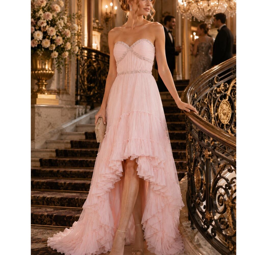Mac Duggal Ice Pink Sweetheart Strapless High Low Beaded Chiffon Gown size 12